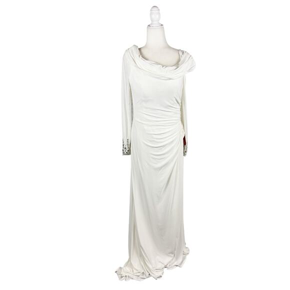 Mac Duggal Beaded Cuff Off-Shoulder Faux Wrap Gown White NWT Size 12 - Picture 4 of 12